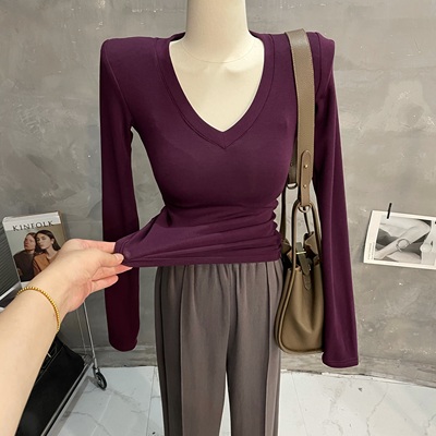 长袖女加绒打底衫垫肩上衣T恤秋