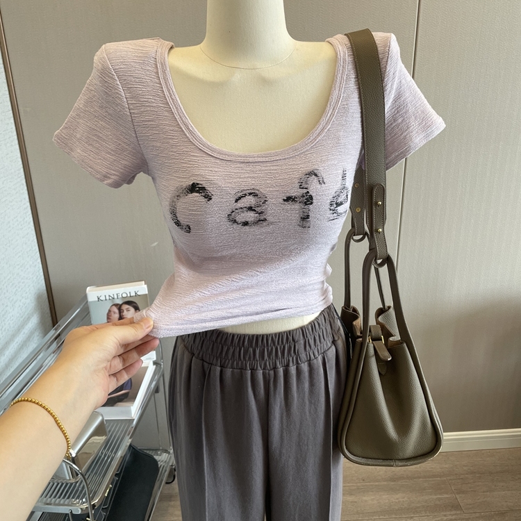 韩版U领短袖T恤女紧身垫肩上衣夏