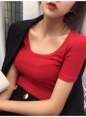 性感低胸大U领超短款短袖T恤修身纯色露脐打底衫上衣2019春夏新款