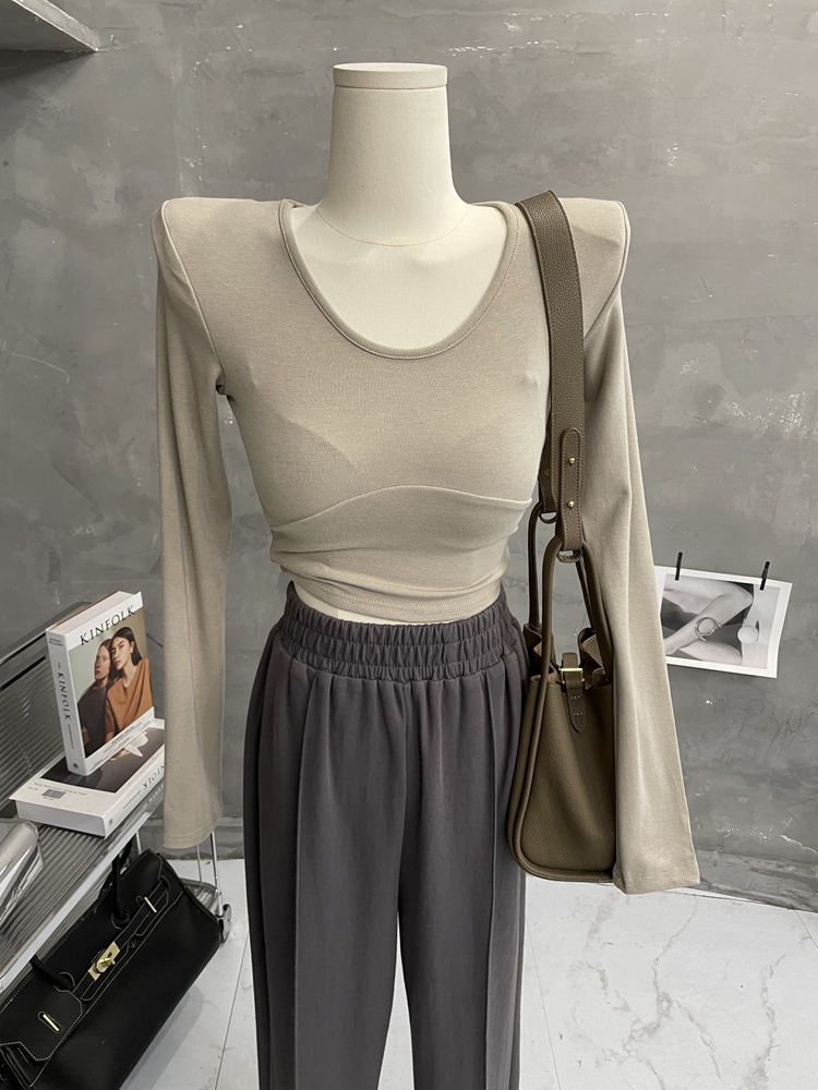 长袖韩版女垫肩上衣T恤紧身短款