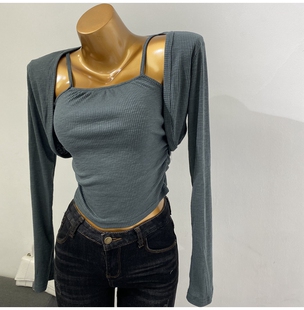 新长袖 复古风～褶皱修身 气质两件套秋装 开衫 T恤上衣 吊带短款