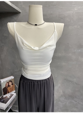 hen高级！外穿内搭～性感荡领吊带背心女人味显胸白色修身上衣夏