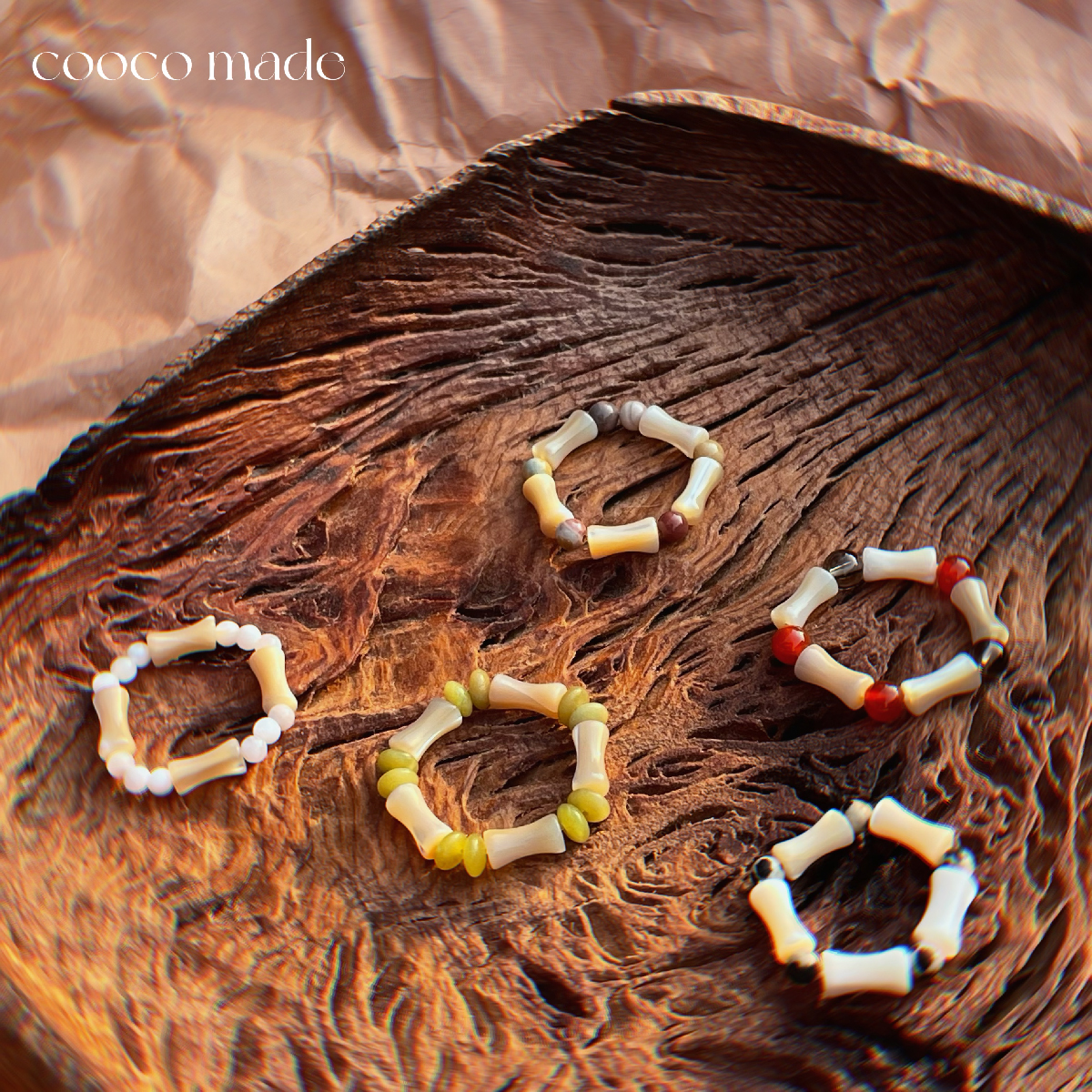 天然石水晶串珠戒指竹节贝壳节节高升茶水晶岫玉玛瑙有弹力指环女