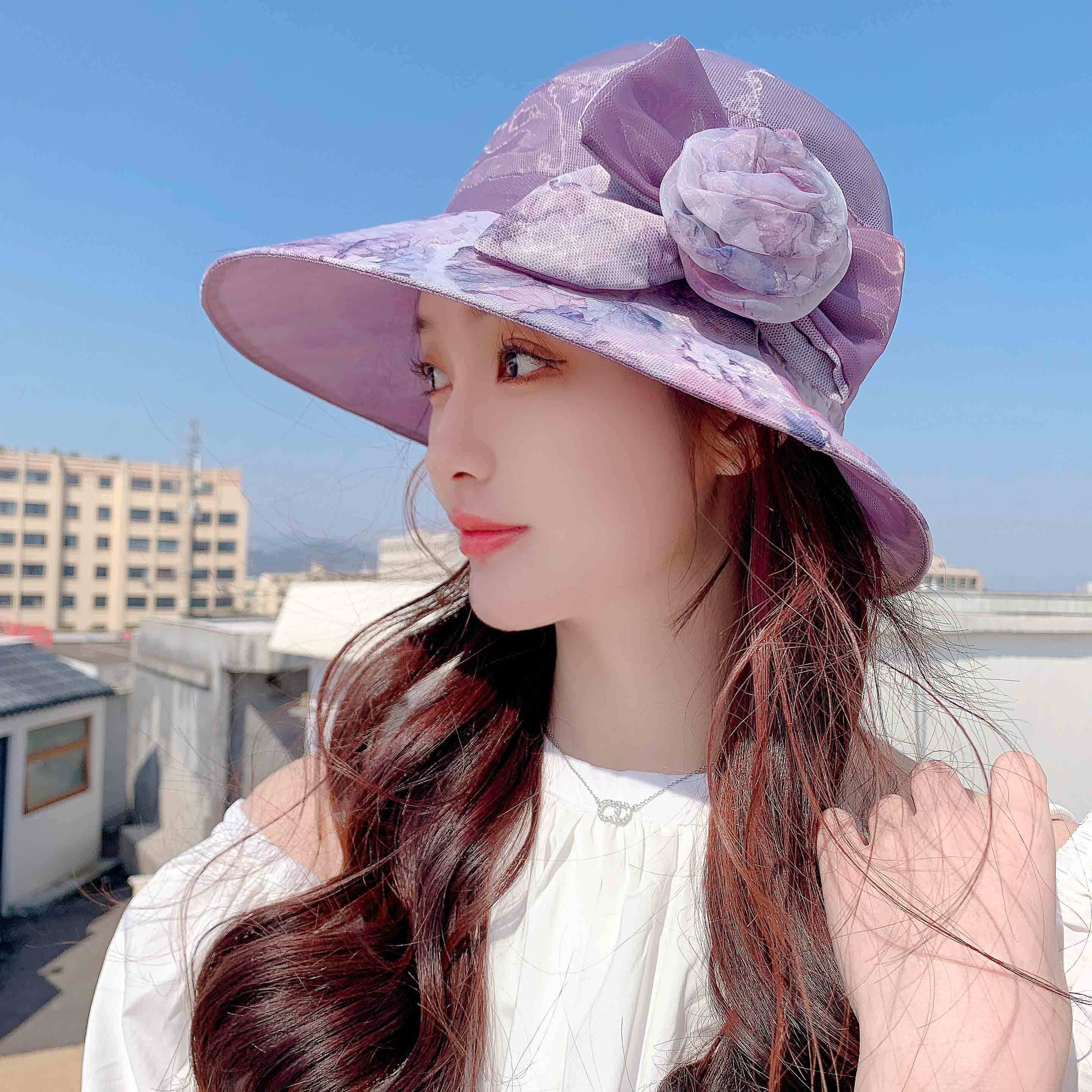 帽子女夏天遮阳帽布帽花朵欧根纱太阳帽防晒沙滩凉帽遮脸韩版潮
