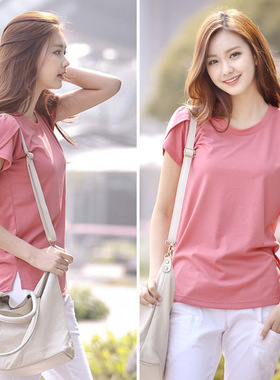 新品2025新款韩版纯色宽松大码上衣圆领短袖女T恤夏装胖MM打底衫