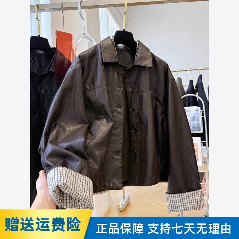 翻领pu皮衣外套女2025秋季新款宽松休闲排扣格子拼接短款夹克上衣