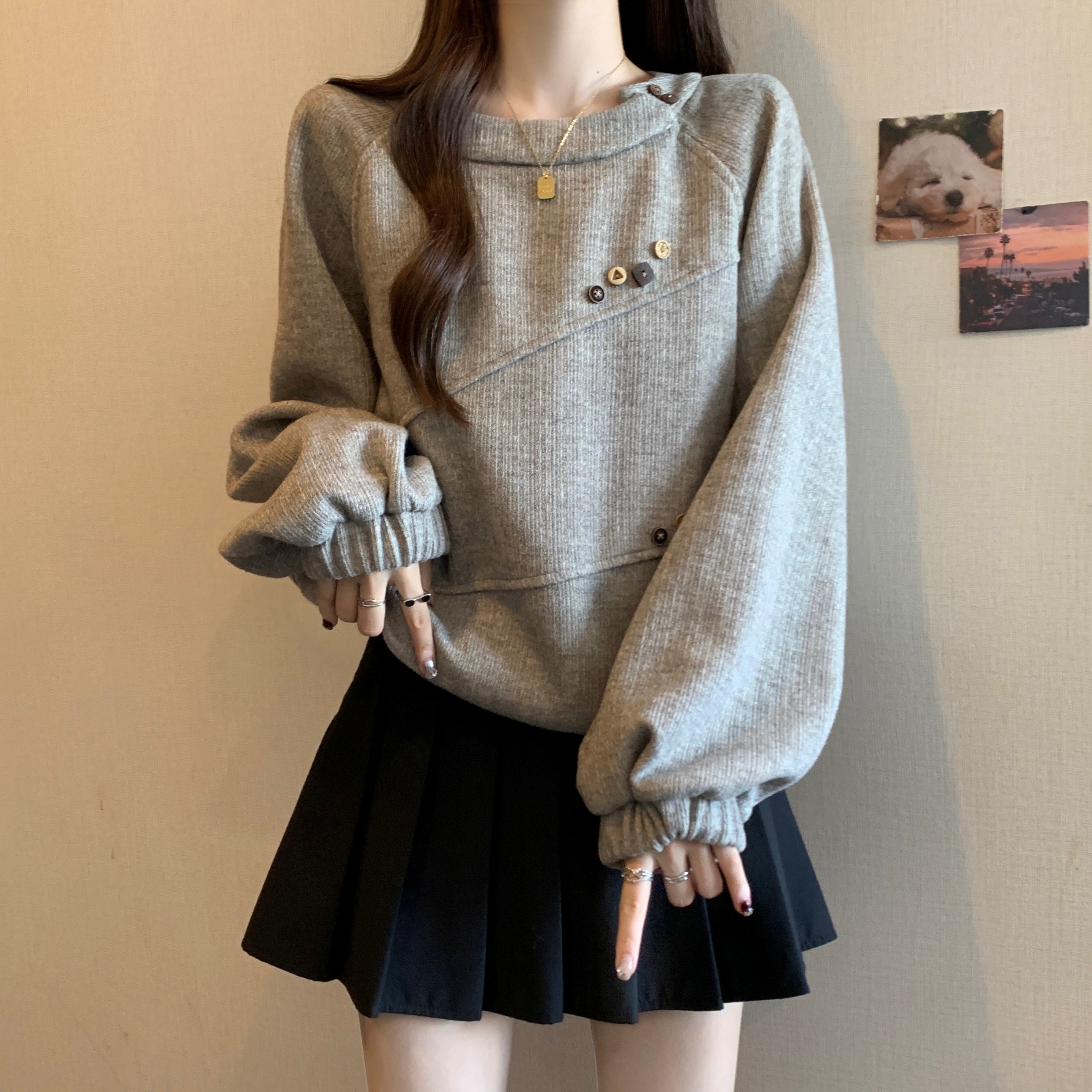 大码女装复古美拉德圆领抽绳卫衣女秋冬胖MM宽松收腰显瘦长袖上衣