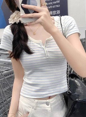 正肩条纹短袖T恤女2025夏季女装新款半开领修身显瘦学生短款上衣
