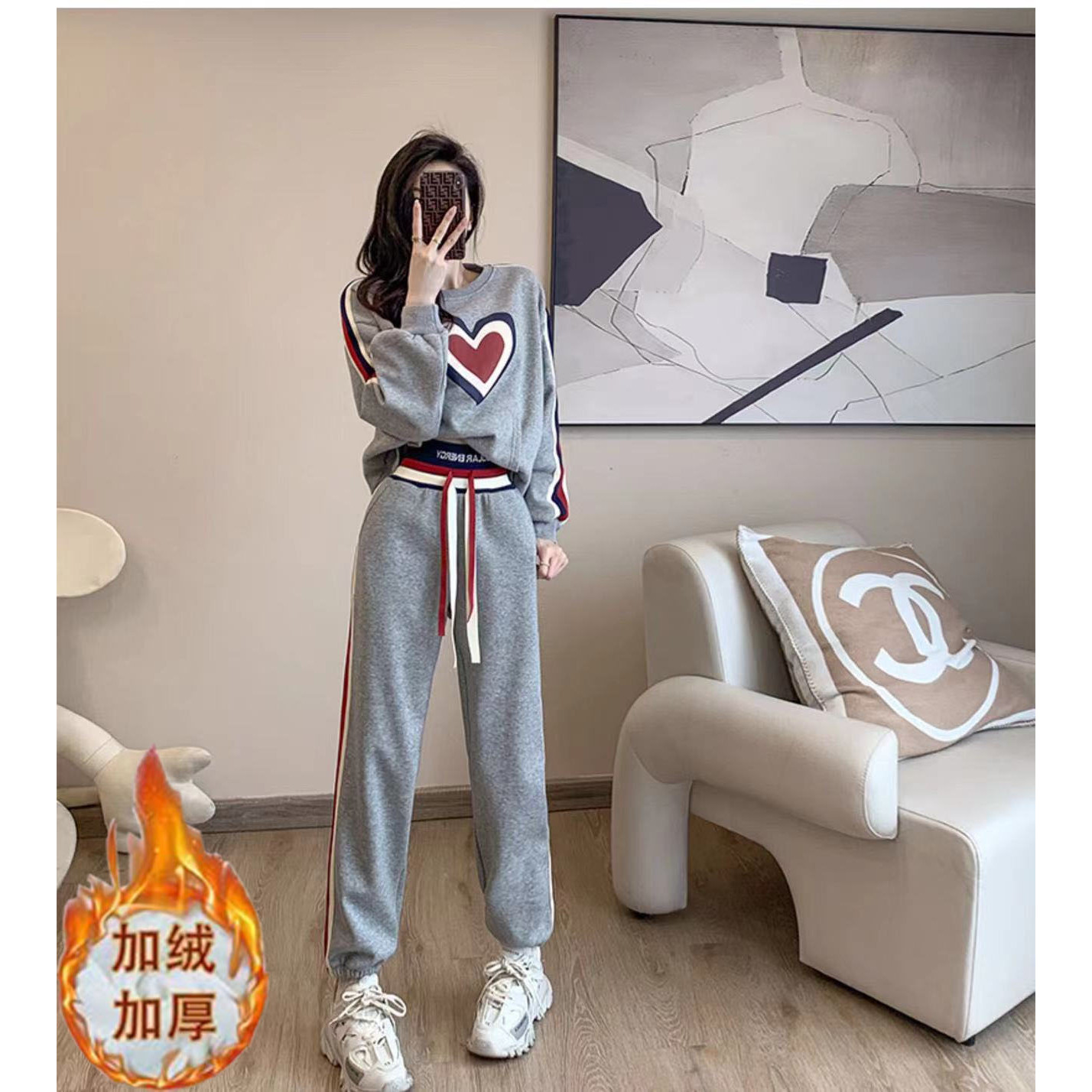 时尚运动服套装女冬2023新款时尚洋气加绒加厚卫衣长裤两件套#821