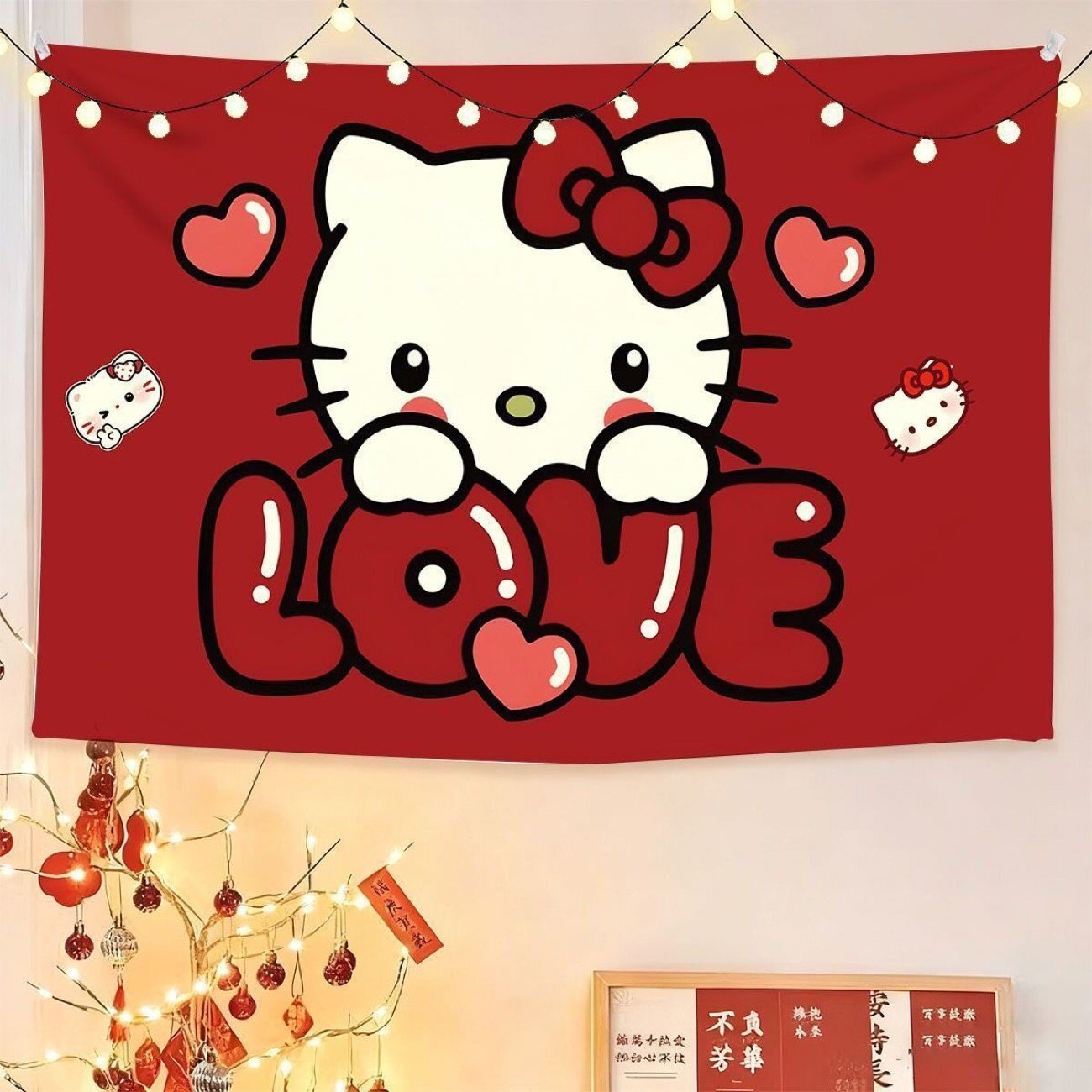 红色HelloKitty挂布卡通可爱新年氛围感背景布卧室墙上装饰挂毯