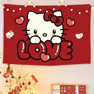 红色HelloKitty挂布卡通可爱新年氛围感背景布卧室墙上装饰挂毯