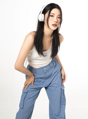 zzzdays机能风蓝色工装裤女美式运动裤宽松直筒休闲长裤抽绳阔腿