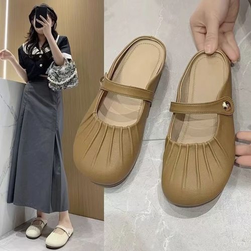 2025外穿新款一脚蹬法式复古软底褶皱包头半拖鞋女玛丽珍单鞋夏季