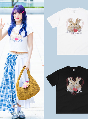 米妮Minnie同款短袖T恤兔子印花可爱爱心纯棉黑色白色流行KPOP