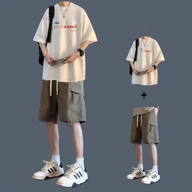 两件套夏季纯棉短袖t恤男套装潮
