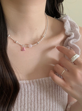 透明水晶米粒粉色滴釉爱心项链