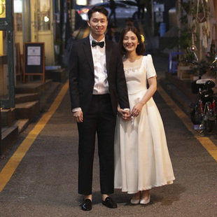 法式 复古方领花边简约领证礼服裙 缎面轻婚纱拉链短袖 结婚新娘韩版