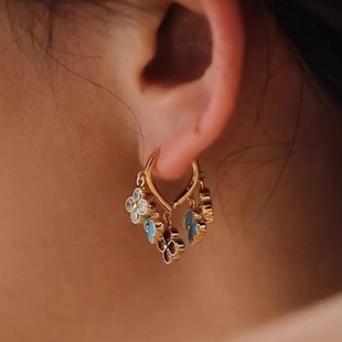 中古风金色五彩四叶花耳环vintage欧美风耳扣短款 流苏耳饰品