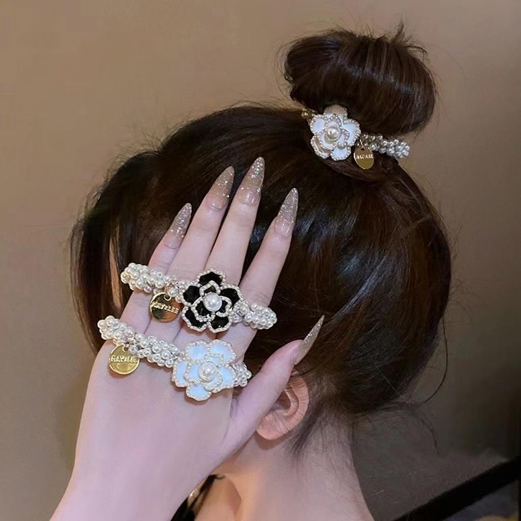 山茶花发圈感头绳丸子头发饰