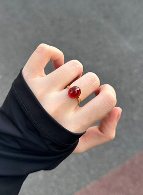 复古红色圆蛋面戒指小众