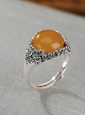 蜜蜡圆珠戒指百搭民族风