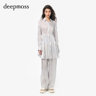 正品【deepmoss】2023新款女装优雅水泽收腰衬衫连衣裙A字裙短裙