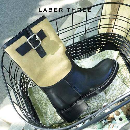 LABERTHREE 秋冬法式显瘦一脚蹬圆头撞色低跟中筒马靴拼色短靴