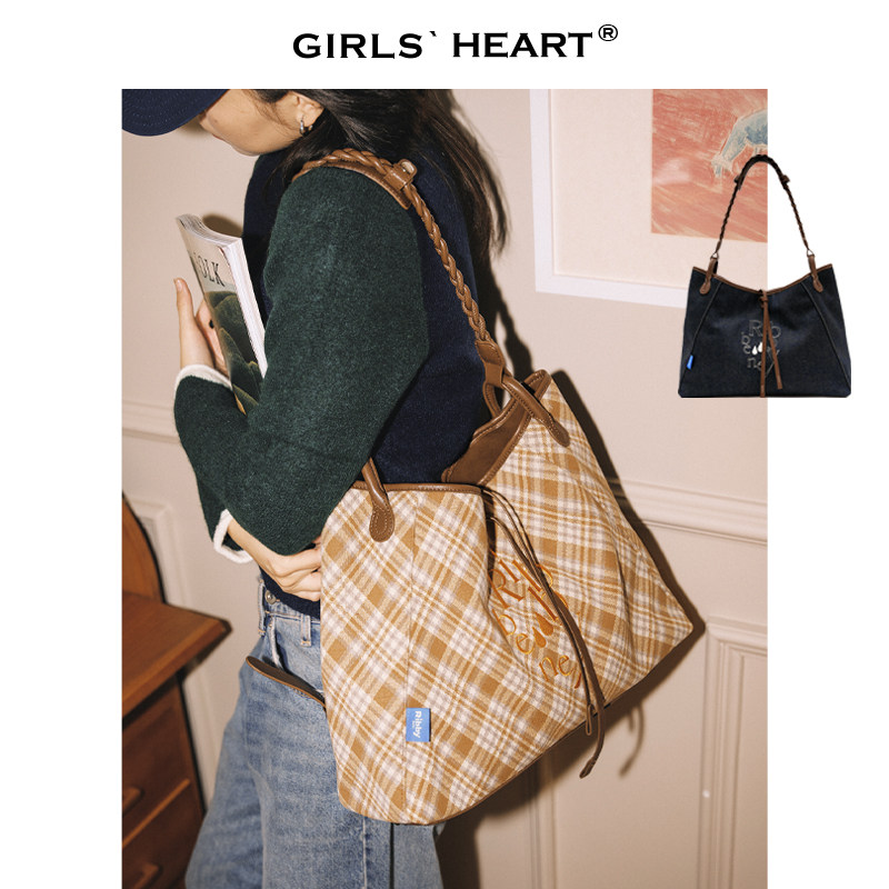 Ribbybene 格纹牛仔托特包大号单肩斜挎高级小众设计大容量子母包,箱包皮具/热销女包/男包,托特包,淘宝优惠券,粉丝福利购,淘宝优惠卷