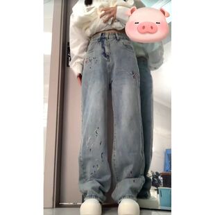 复古高街vibe风刺绣牛仔裤女冬季韩版ins宽松显瘦学生百搭阔腿裤