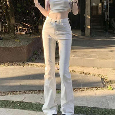 白色微喇牛仔裤女夏季韩版ins低腰显瘦修身小个子弹力直筒拖地裤
