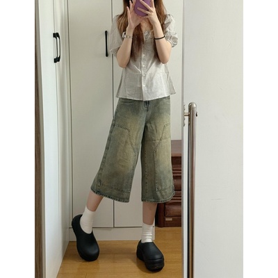 高腰复古阔腿牛仔七分裤女夏季韩版ins宽松显瘦小个子直筒中裤潮