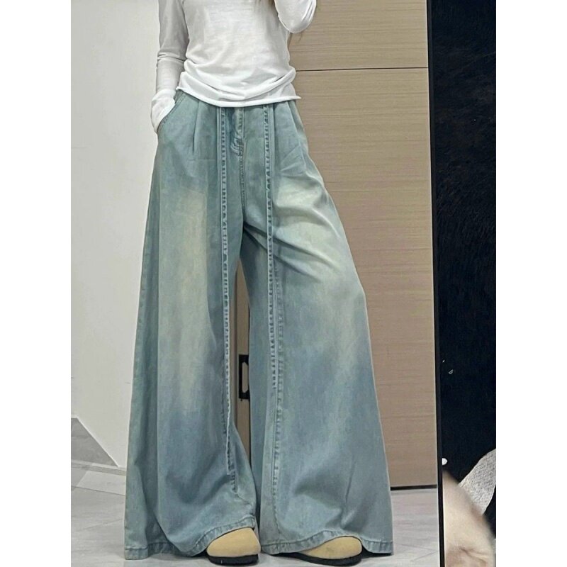 复古绑带阔腿牛仔裤女夏季韩版ins高腰显瘦学生垂坠感直筒拖地裤