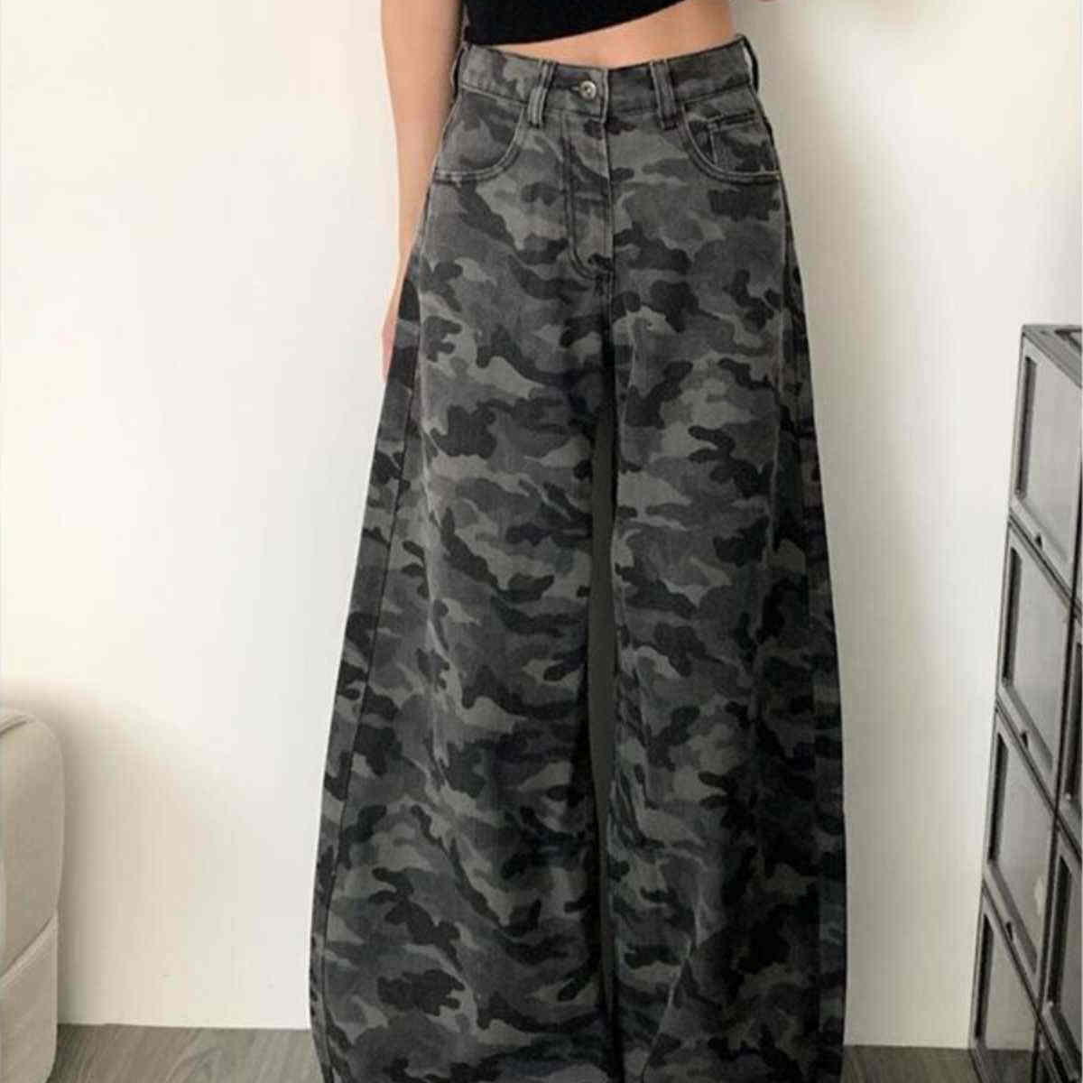 美式高街工装阔腿迷彩牛仔裤女春夏韩版ins高腰显瘦宽松直筒长裤