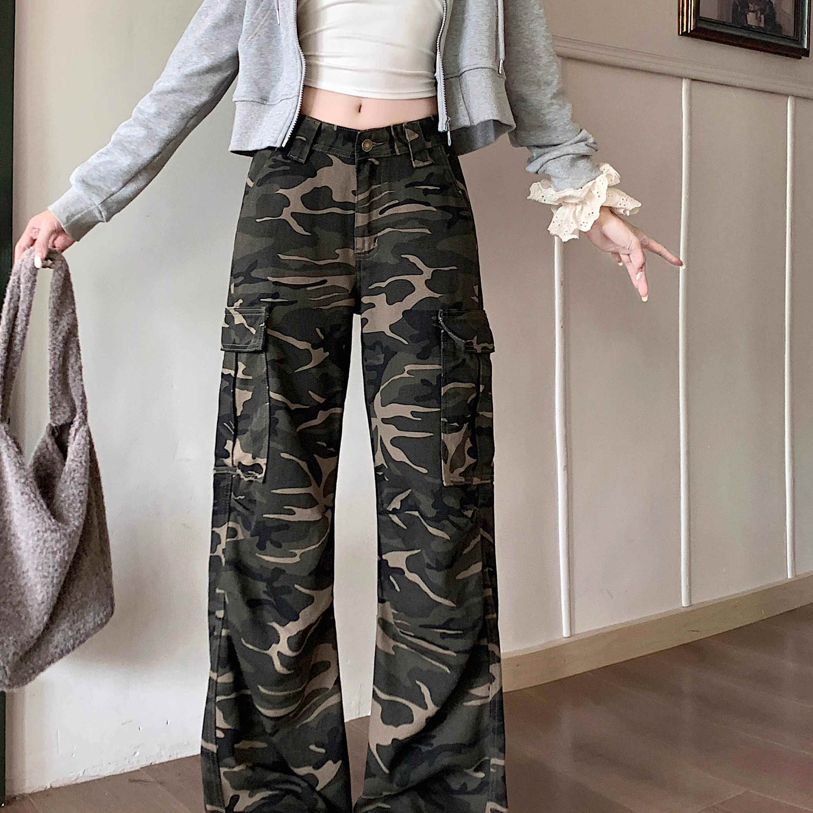 美式复古迷彩牛仔工装裤女春季韩版ins高腰显瘦垂感直筒阔腿长裤