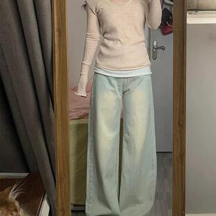 复古做旧阔腿牛仔裤女秋季新款高腰显瘦宽松百搭学生直筒拖地裤子