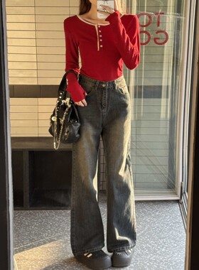 复古微喇牛仔裤女春季韩版ins高腰显瘦宽松百搭学生直筒阔腿长裤