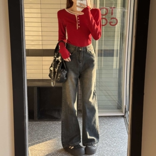 复古微喇牛仔裤女春季韩版ins高腰显瘦宽松百搭学生直筒阔腿长裤