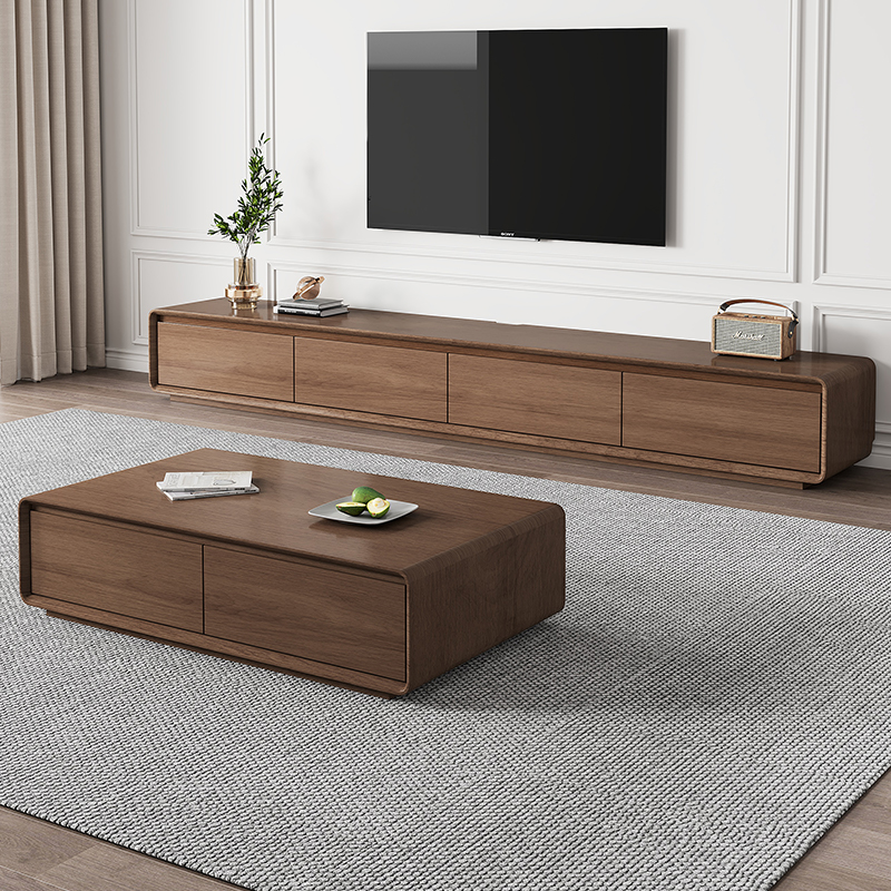 橡胶木电视柜家用客厅电视柜茶几组合胡桃色小户型实木落地电视柜