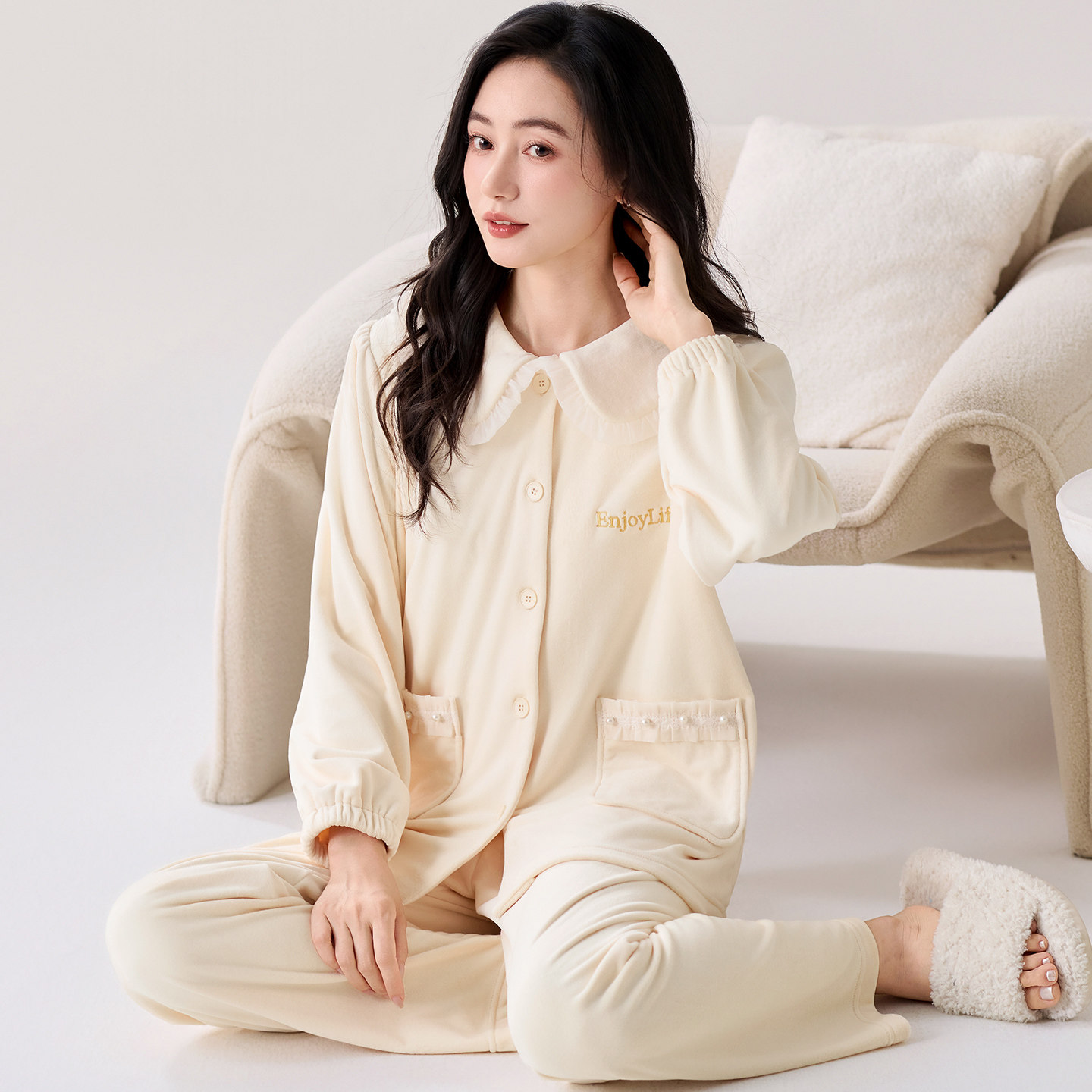 睡衣女士冬季加绒加厚保暖珊瑚绒薄绒中年妈妈纯色秋冬家居服套装