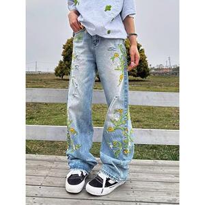 明星同款花卉刺绣牛仔裤男潮牌宽松直筒休闲百搭长裤513CK1761P56图片
