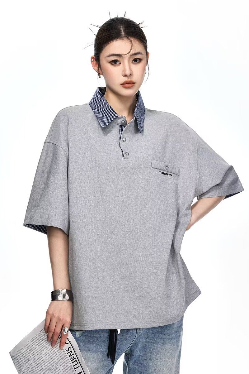 翻领拼接格子polo衫男夏季t恤韩版修身潮流百搭上衣513PL1194P35,男装Polo衫,星座513