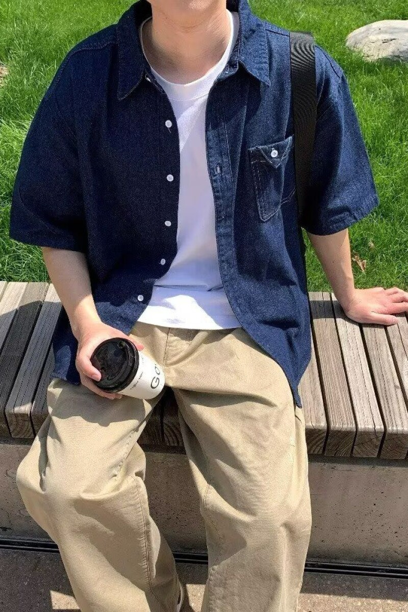 复古翻领盘扣短袖牛仔衬衫男女中性水洗做旧五分袖513DX1427P37,男装衬衫,星座513