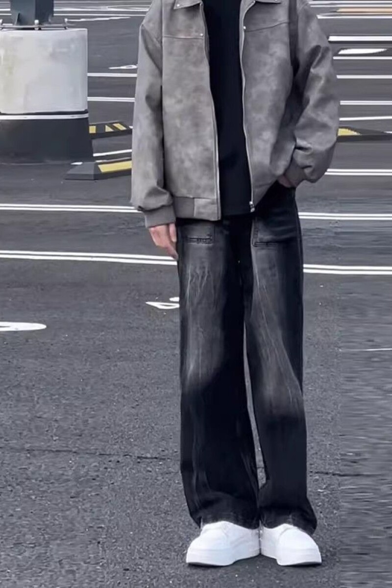 黑灰色渐变牛仔裤男美式复古阔腿微喇长裤高个子痞帅炸街直筒裤子,男装牛仔裤,星座513