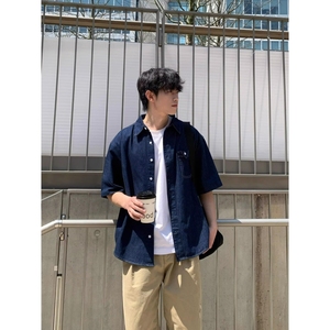 复古翻领盘扣短袖牛仔衬衫男女中性水洗做旧五分袖513DX1427P37图片
