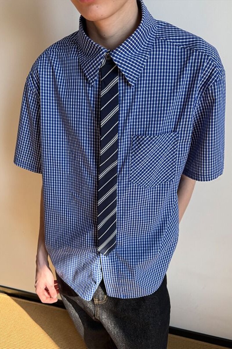 领带老钱风短袖衬衫男女夏季千鸟格衬衣513DX1405P35,男装T恤,星座513
