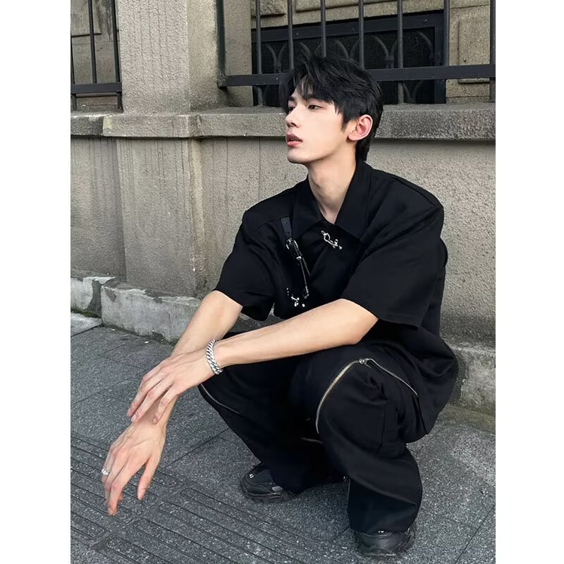 小众解构飞机扣皮带拼接polo衫男夏高级感宽松短袖T恤PL976P42,男装Polo衫,星座513