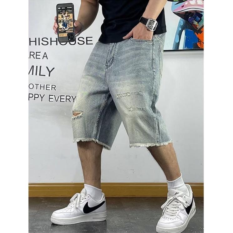 日系复古做旧破洞牛仔短裤男宽松直筒毛边五分中裤513DK338P37,男装牛仔裤,星座513