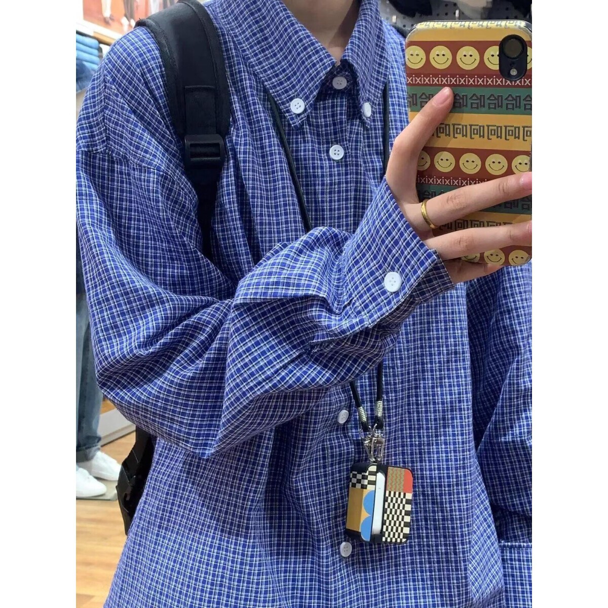 美式复古经典蓝色格纹长袖衬衫男女学院风慵懒宽松格子衬衣外套潮图片