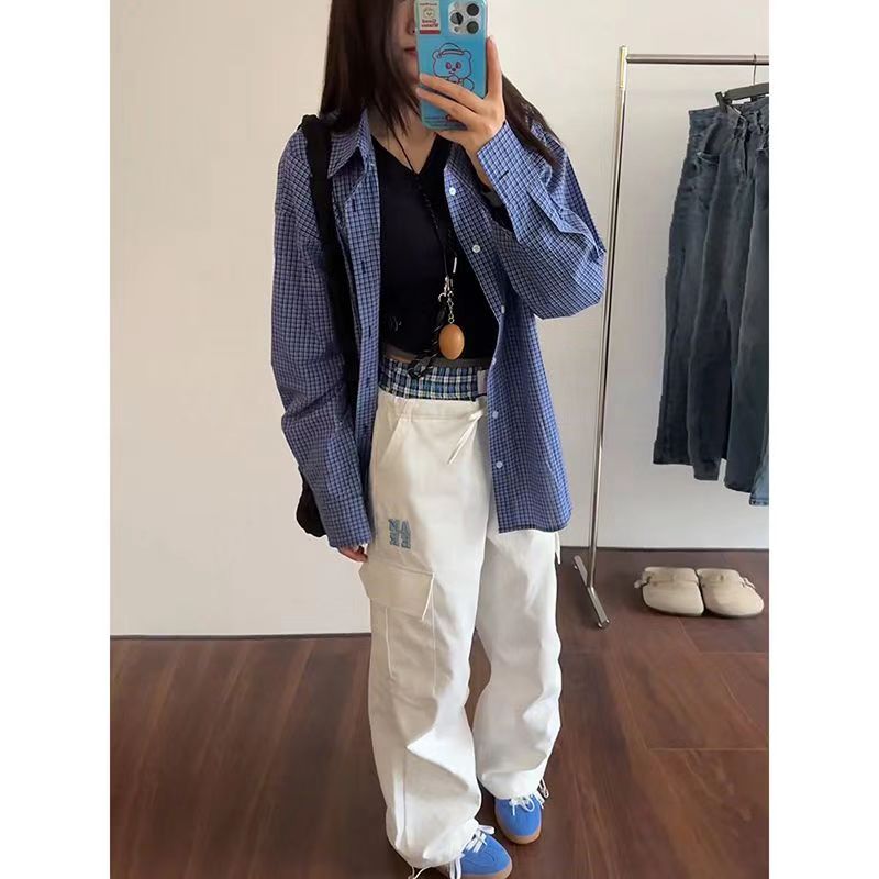 美式慵懒宽松蓝色格子衬衫男女同款长袖衬衣513CS1111P28,男装衬衫,星座513