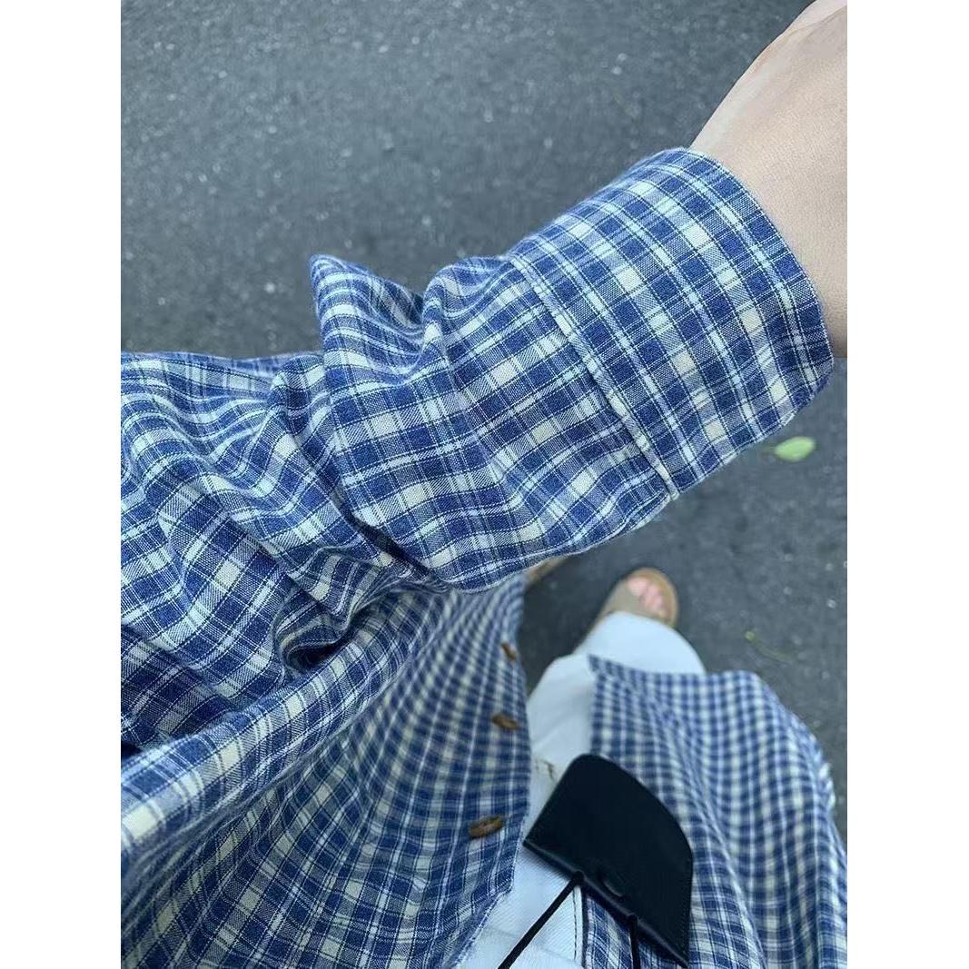 美式复古蓝色格子衬衫女宽松休闲百搭衬衣防晒衫513CS1110P30,男装防晒衣,星座513